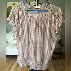 LOFT Peach Plaid Short Sleeve Peasant Blouse